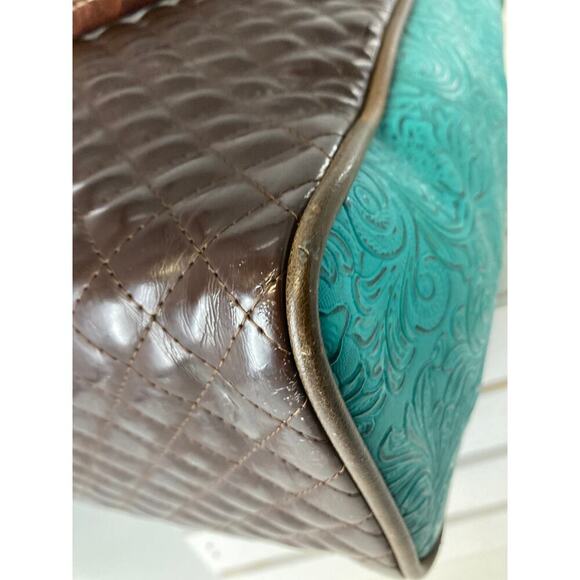 CONSUELA LARGE BROWN, TEAL QUILTED TOTE BAG WITH EMBOIDERY. - Picture 9 of 16